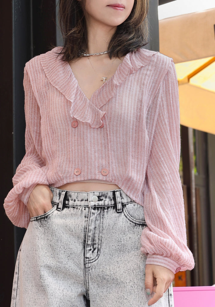 Pink Stripe Ruffle Collar Balloon Sleeve Wrappy Crop Blouse