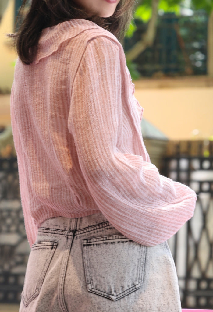 Pink Stripe Ruffle Collar Balloon Sleeve Wrappy Crop Blouse