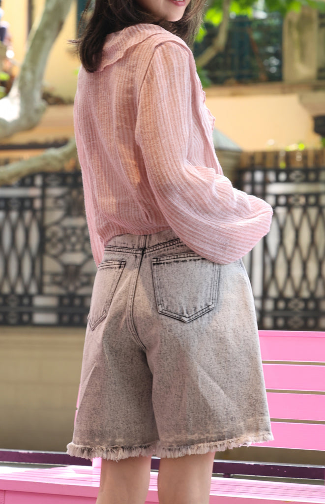 Grey Black Raw Hem Acid Wash Wide-Leg Denim Shorts