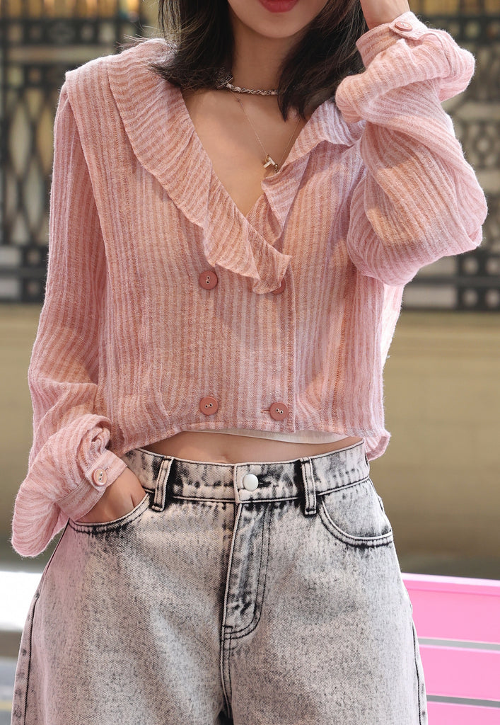 Pink Stripe Ruffle Collar Balloon Sleeve Wrappy Crop Blouse