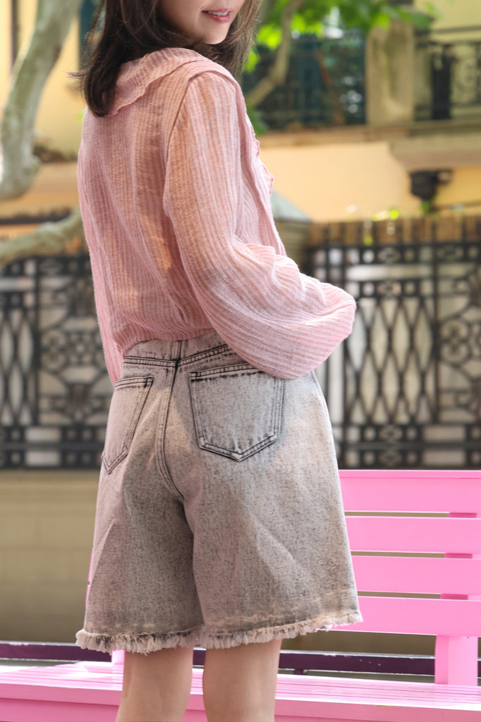 Pink Stripe Ruffle Collar Balloon Sleeve Wrappy Crop Blouse