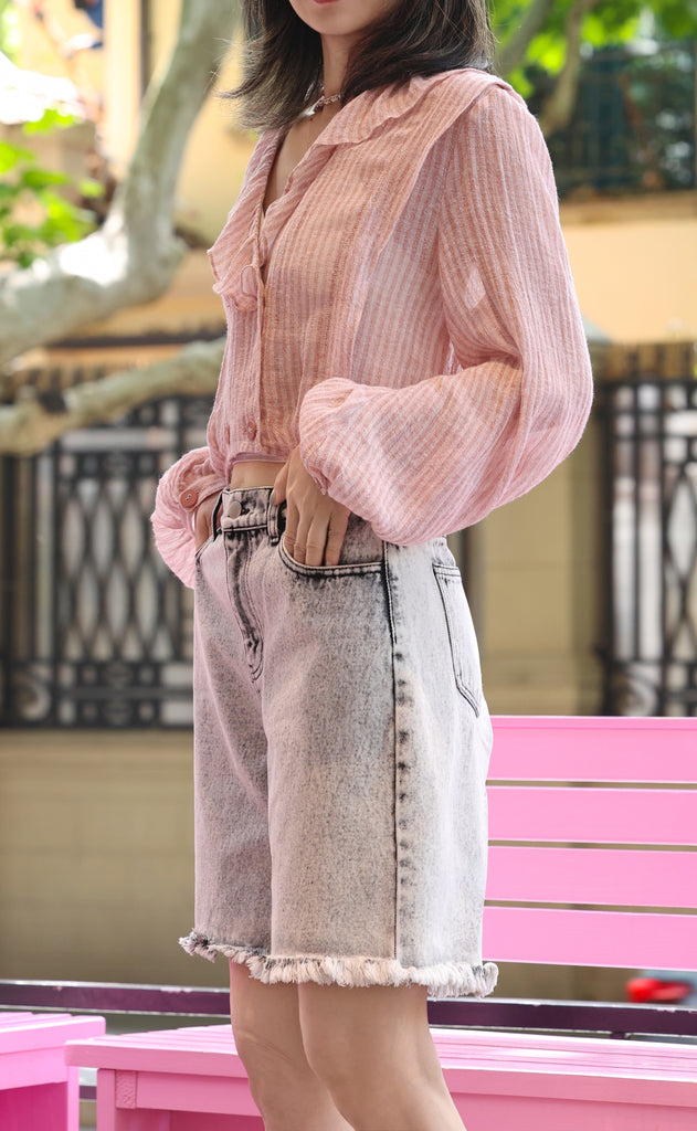 Grey Black Raw Hem Acid Wash Wide-Leg Denim Shorts