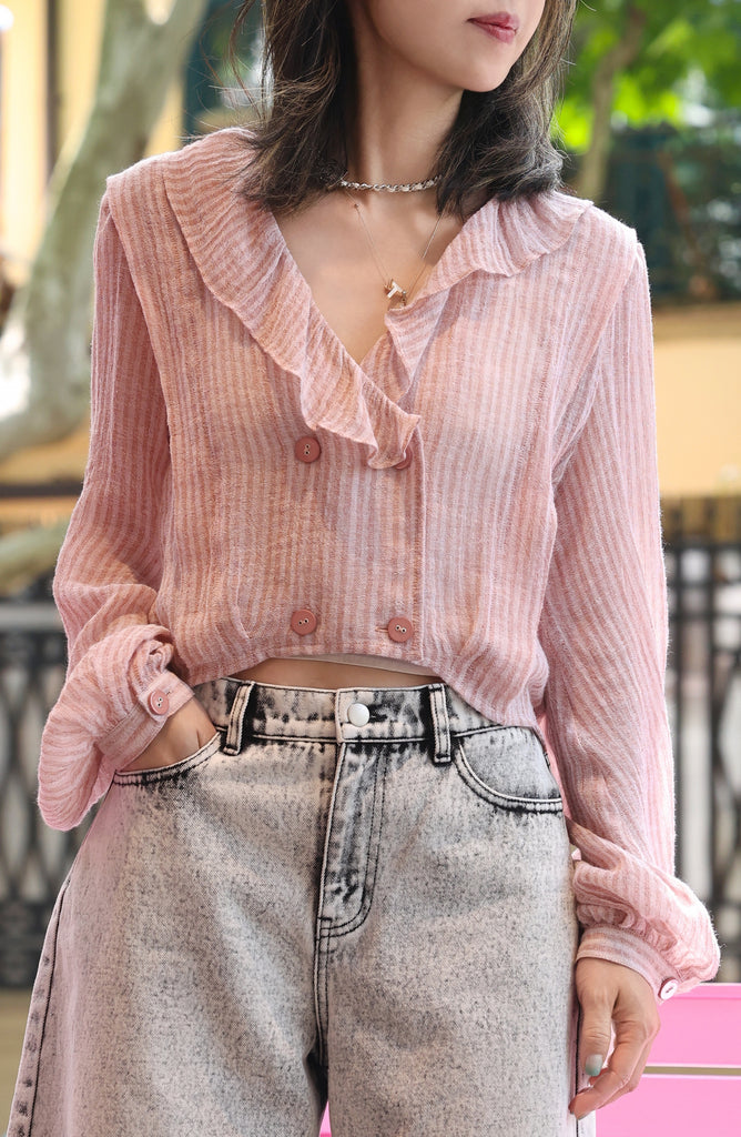 Pink Stripe Ruffle Collar Balloon Sleeve Wrappy Crop Blouse