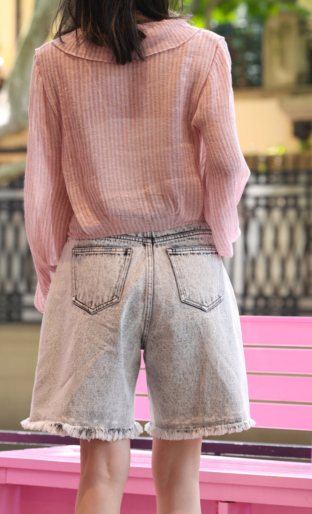 Grey Black Raw Hem Acid Wash Wide-Leg Denim Shorts