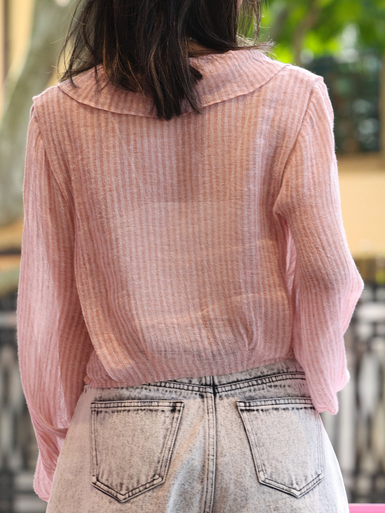 Pink Stripe Ruffle Collar Balloon Sleeve Wrappy Crop Blouse