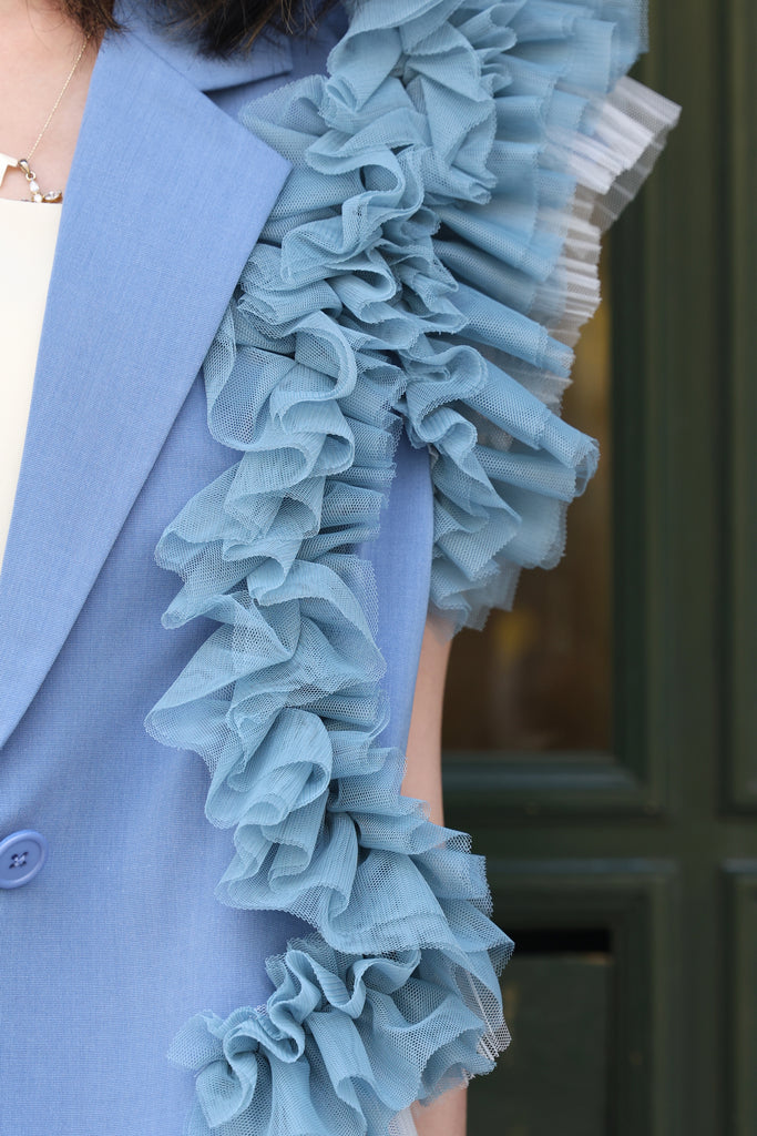 Blue Layered Ruffle Structured Sleeveless Gilet Blazer