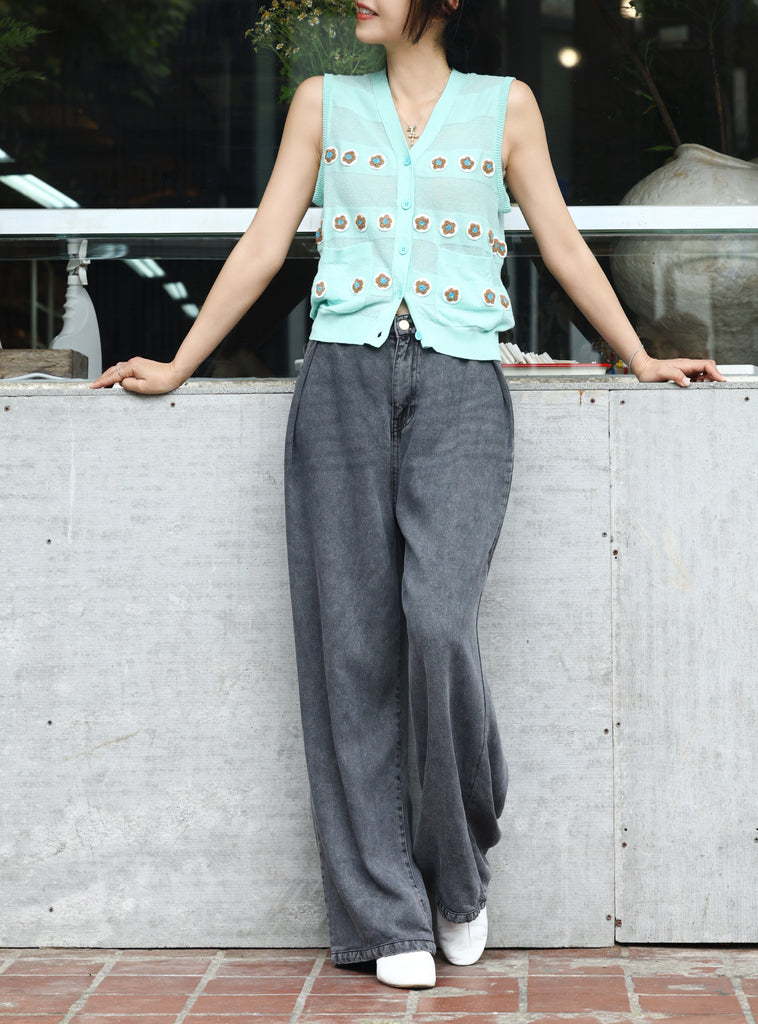 Mint Floral Crochet Appliqué Sheer Knit Button Front Vest