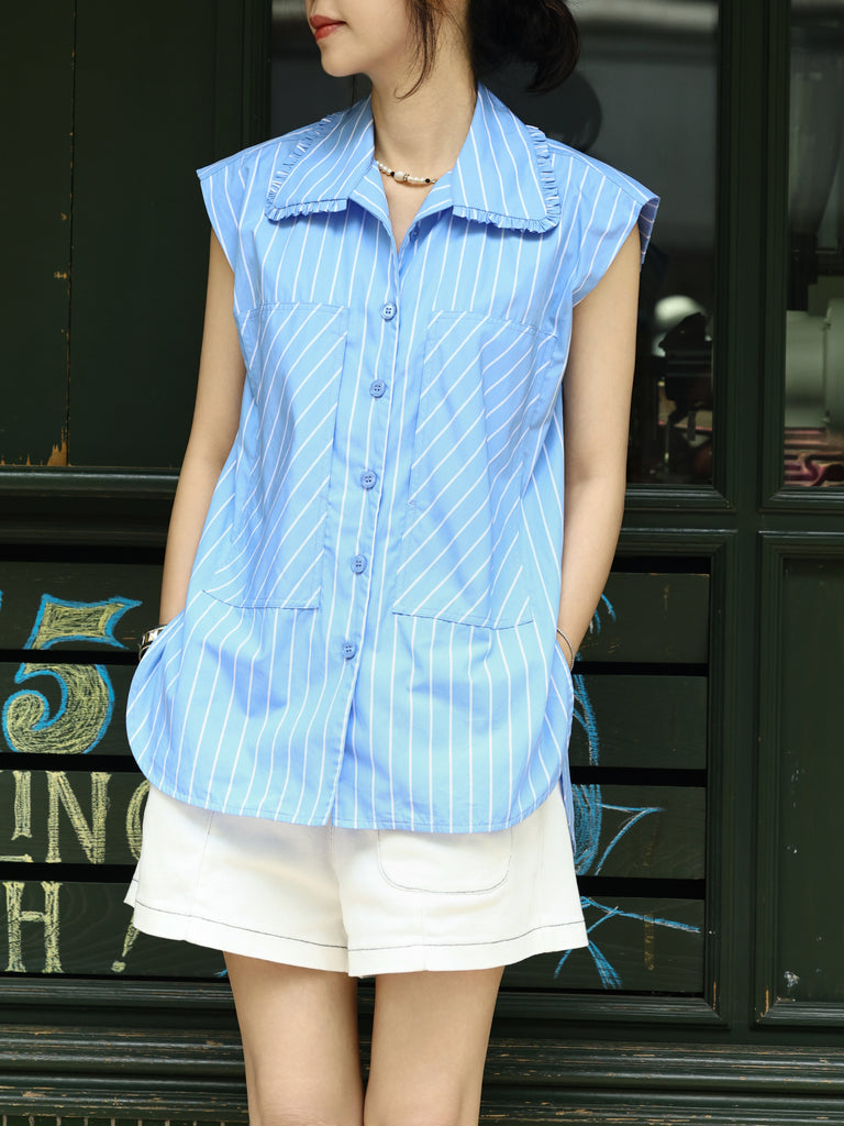 Sky Blue Pinstripe Ruffle Collar Sleeveless Cotton Longline Shirt