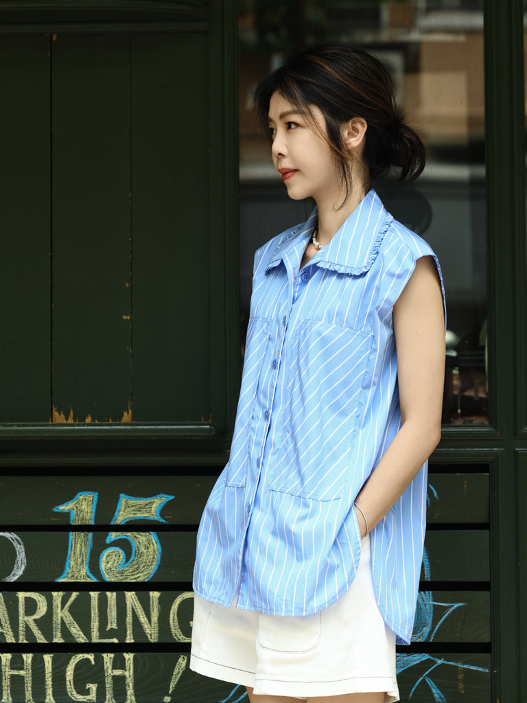Sky Blue Pinstripe Ruffle Collar Sleeveless Cotton Longline Shirt