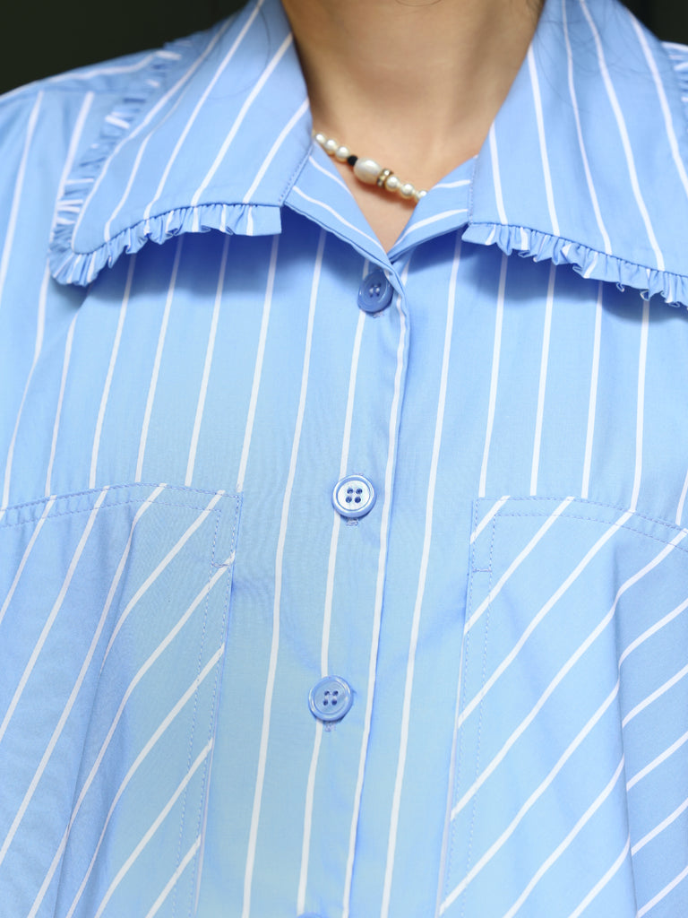 Sky Blue Pinstripe Ruffle Collar Sleeveless Cotton Longline Shirt