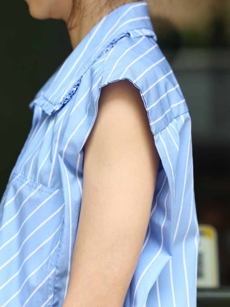 Sky Blue Pinstripe Ruffle Collar Sleeveless Cotton Longline Shirt