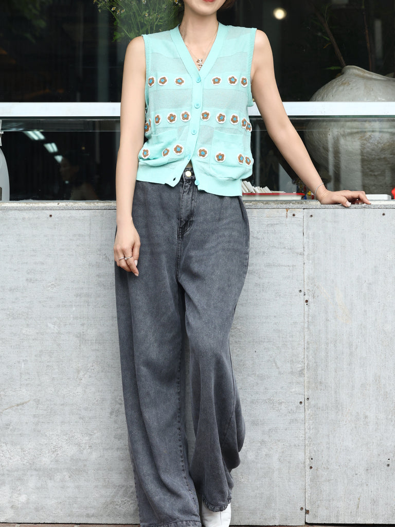 Mint Floral Crochet Appliqué Sheer Knit Button Front Vest