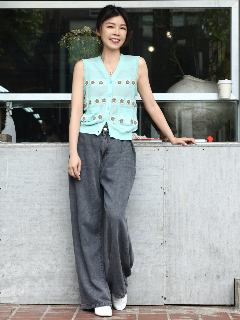 Mint Floral Crochet Appliqué Sheer Knit Button Front Vest