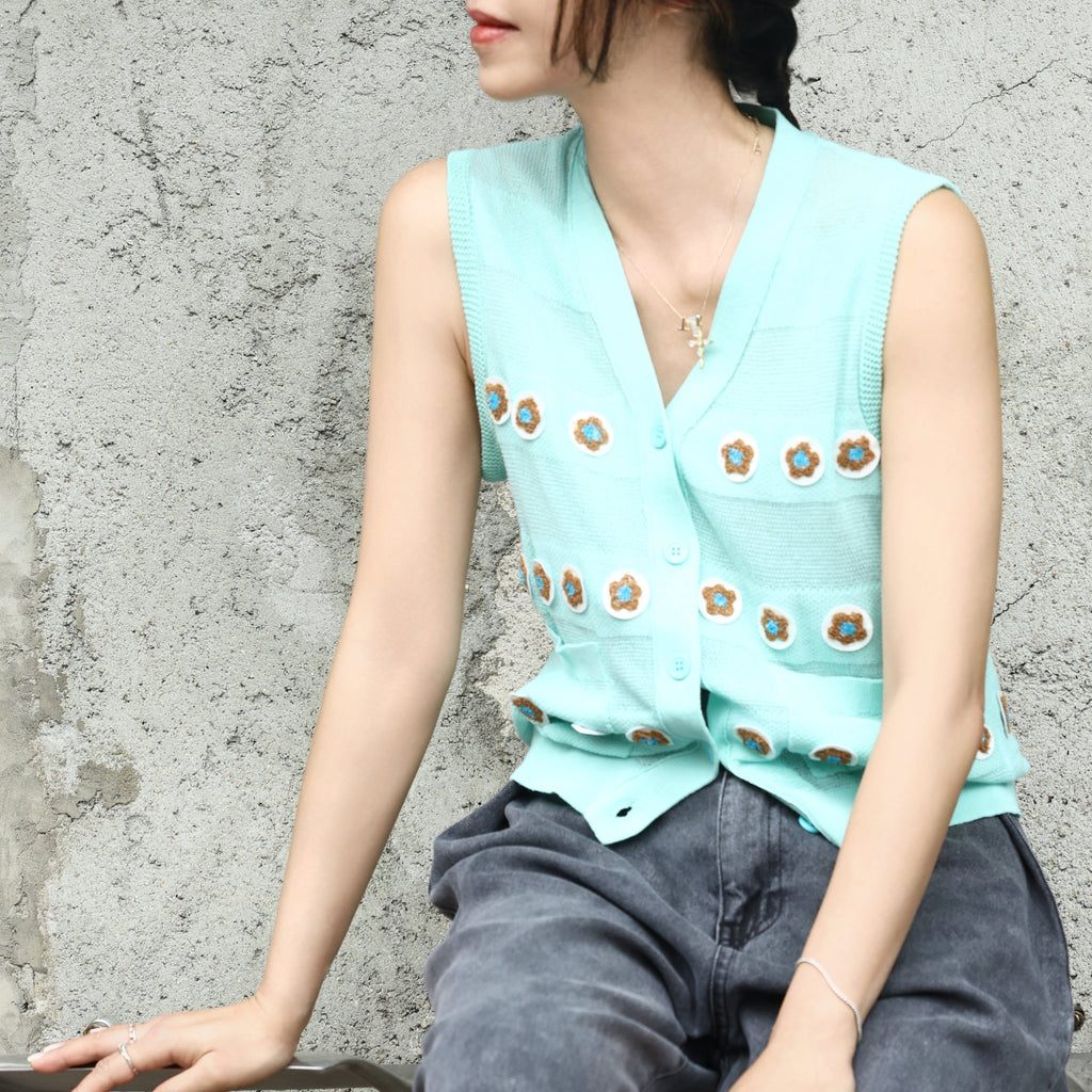 Mint Floral Crochet Appliqué Sheer Knit Button Front Vest