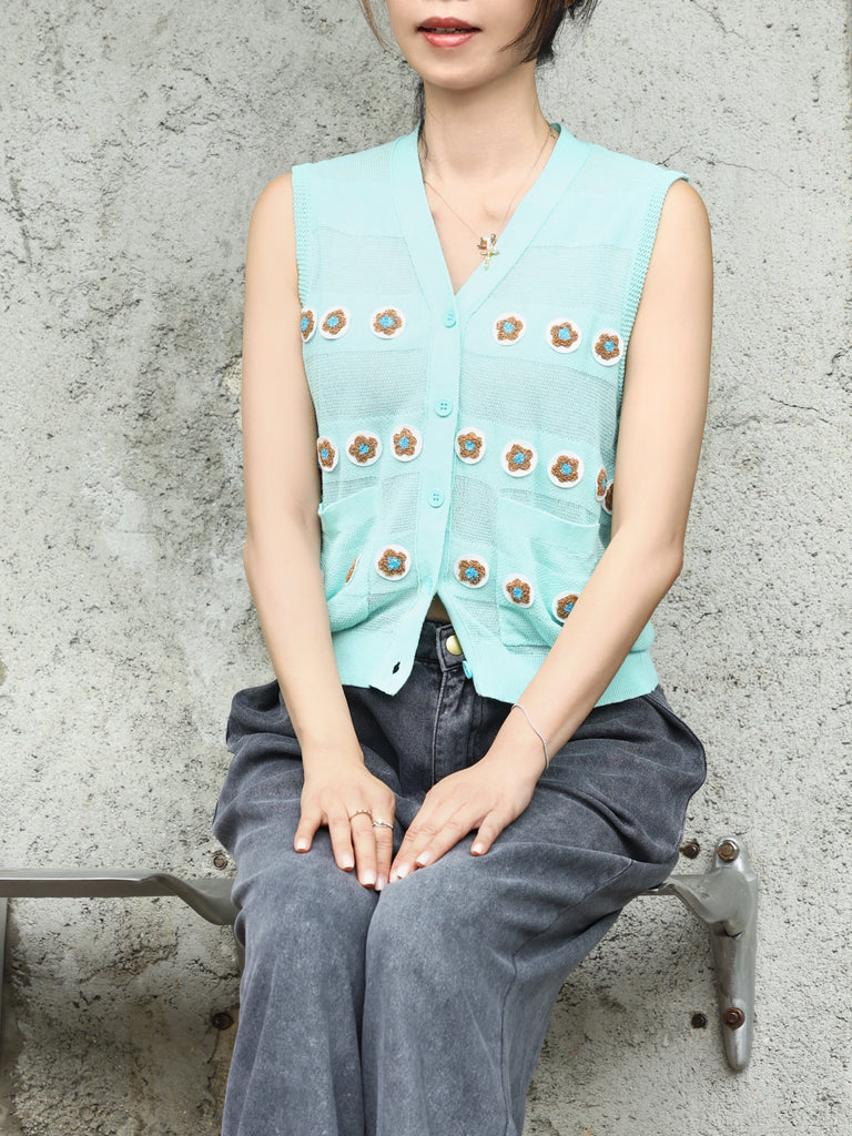 Mint Floral Crochet Appliqué Sheer Knit Button Front Vest