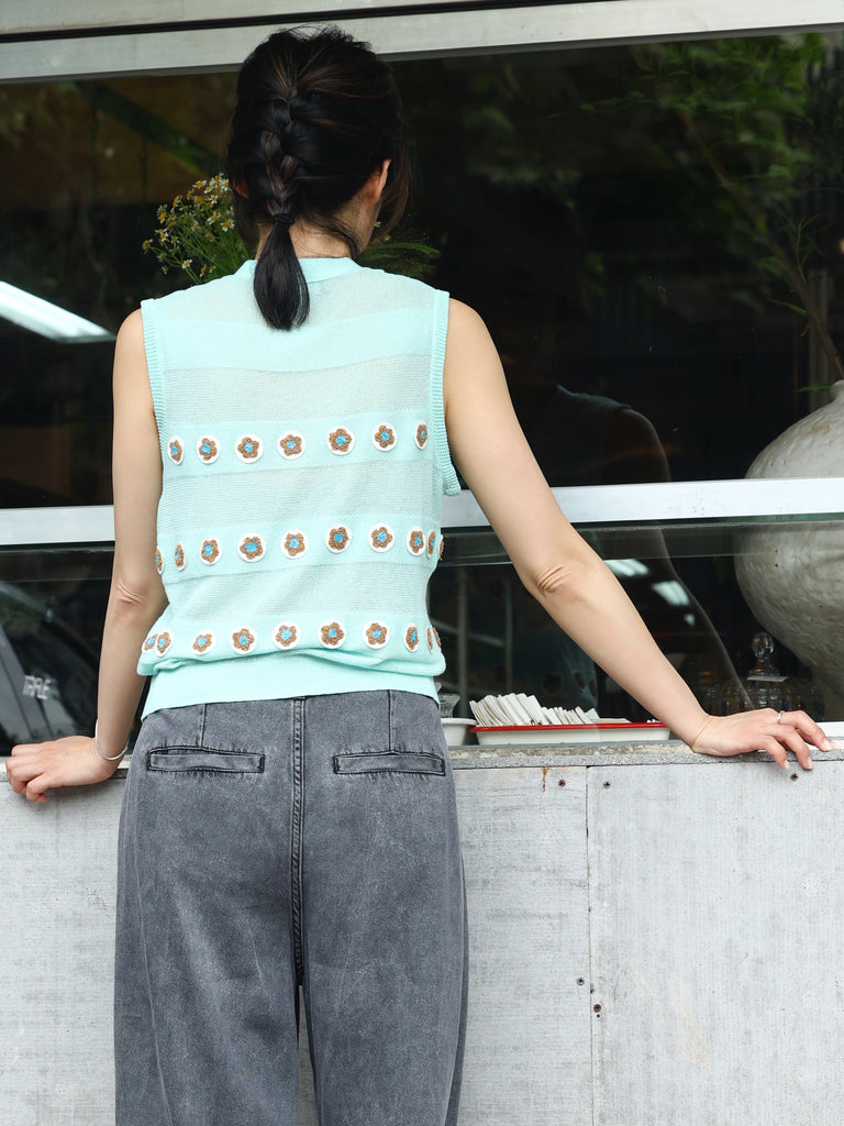 Mint Floral Crochet Appliqué Sheer Knit Button Front Vest