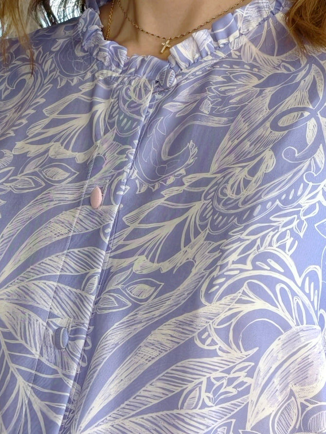 Lilac Paisley Ruffle Collar Balloon Sleeve Pure Silk Blouse