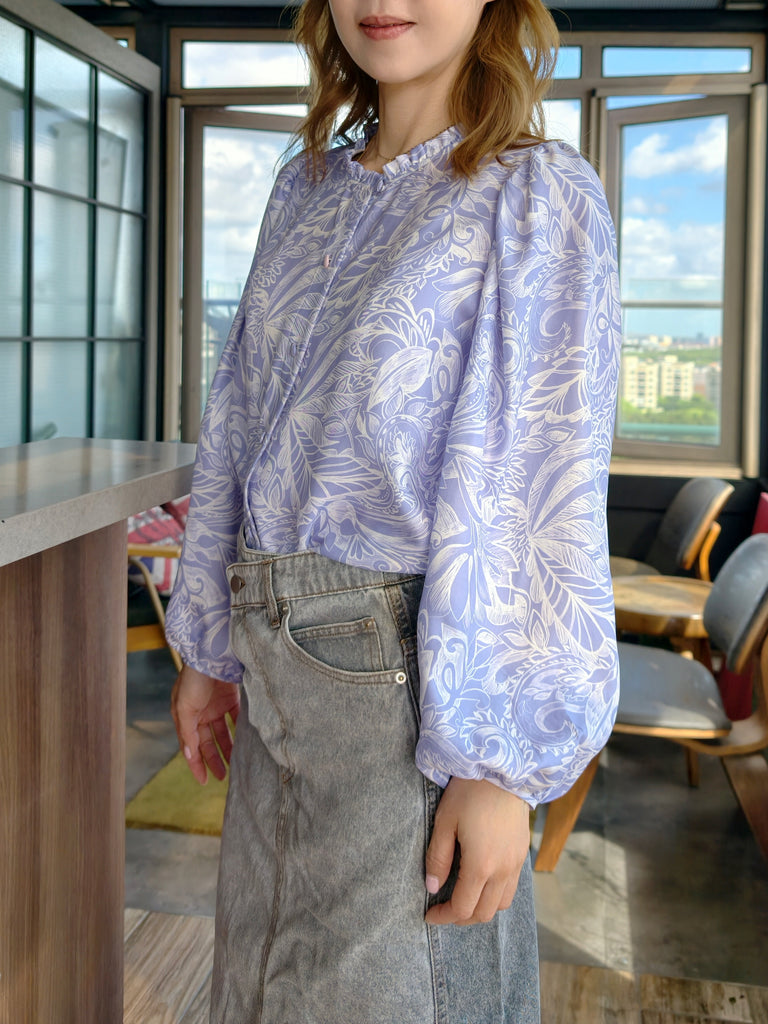 Lilac Paisley Ruffle Collar Balloon Sleeve Pure Silk Blouse