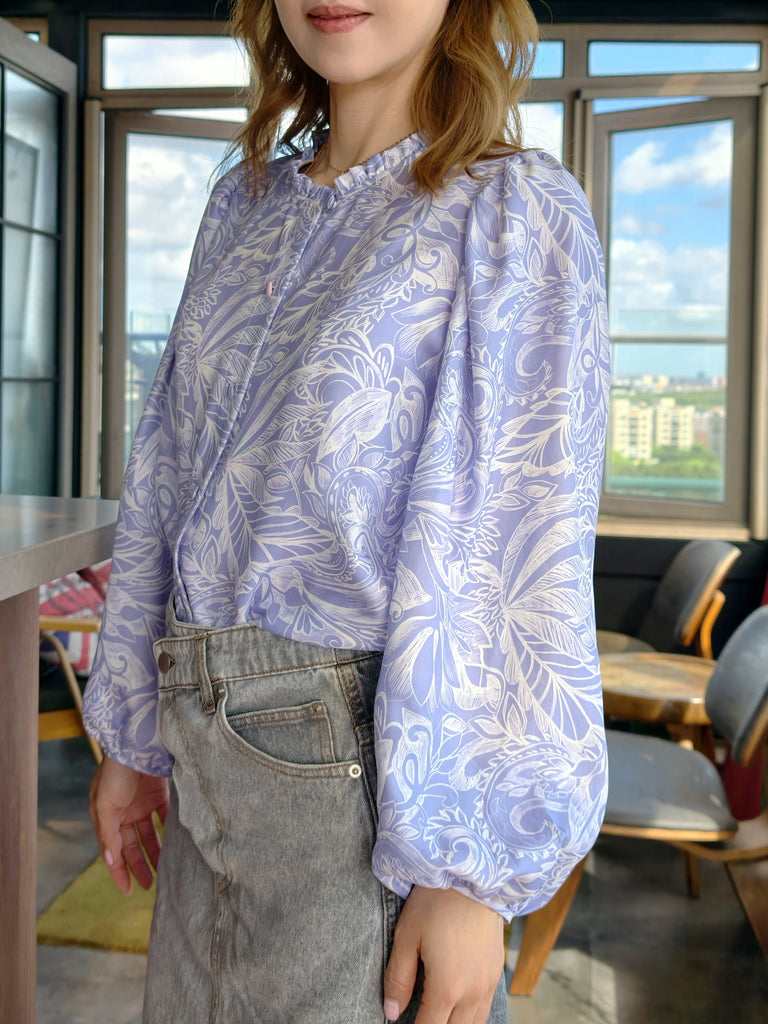 Lilac Paisley Ruffle Collar Balloon Sleeve Pure Silk Blouse