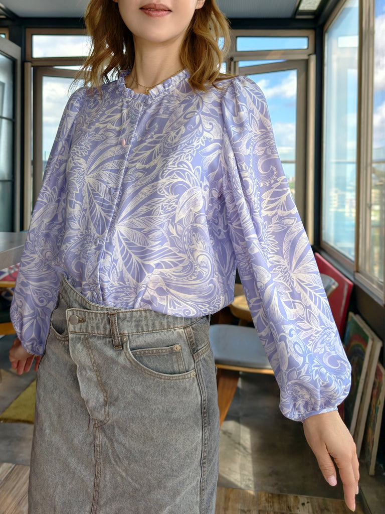 Lilac Paisley Ruffle Collar Balloon Sleeve Pure Silk Blouse