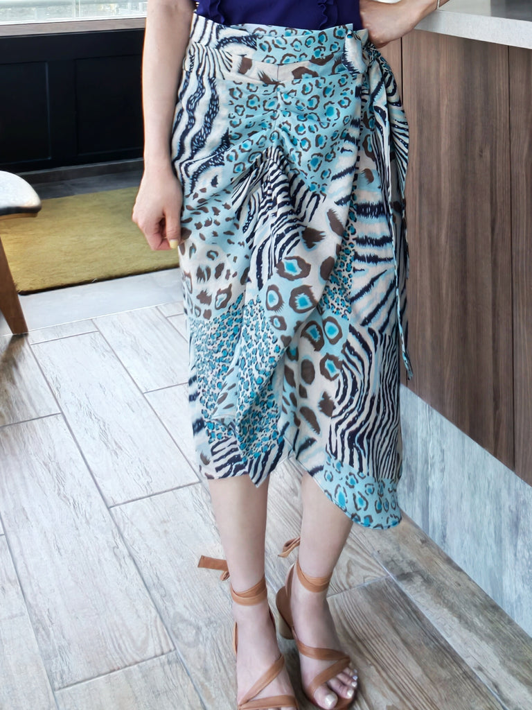 New Colour! Blue Mixed Animal Print Ruffle Hem Wrap Midi Skirt