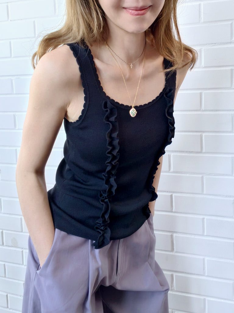 Black Pointelle Ruffle Trim Knitted Camisole Top