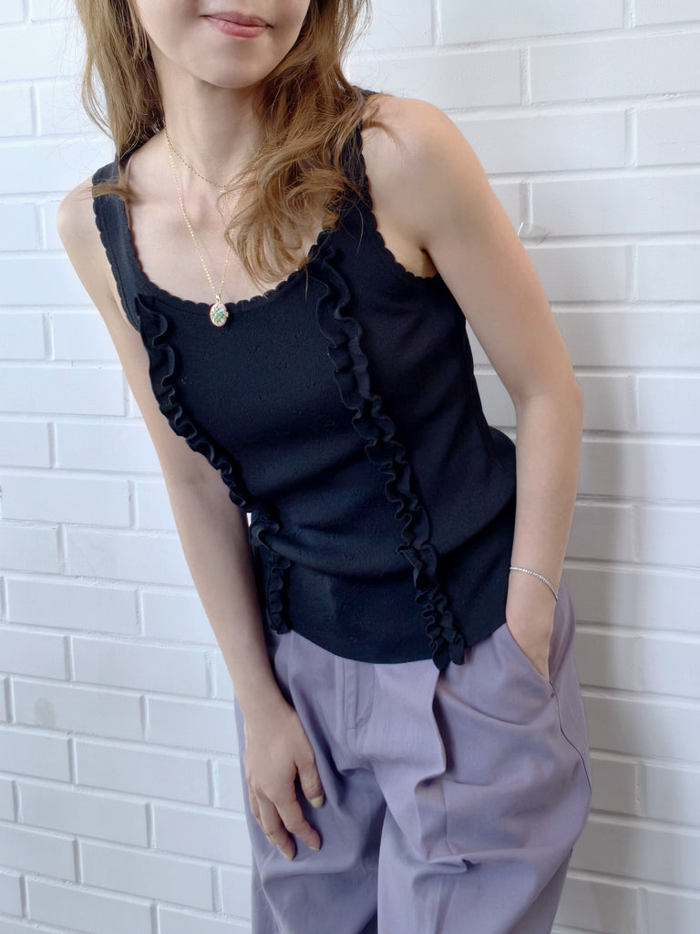 Black Pointelle Ruffle Trim Knitted Camisole Top