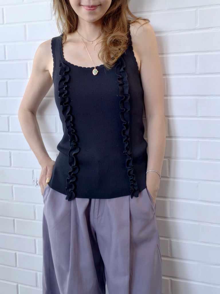 Black Pointelle Ruffle Trim Knitted Camisole Top