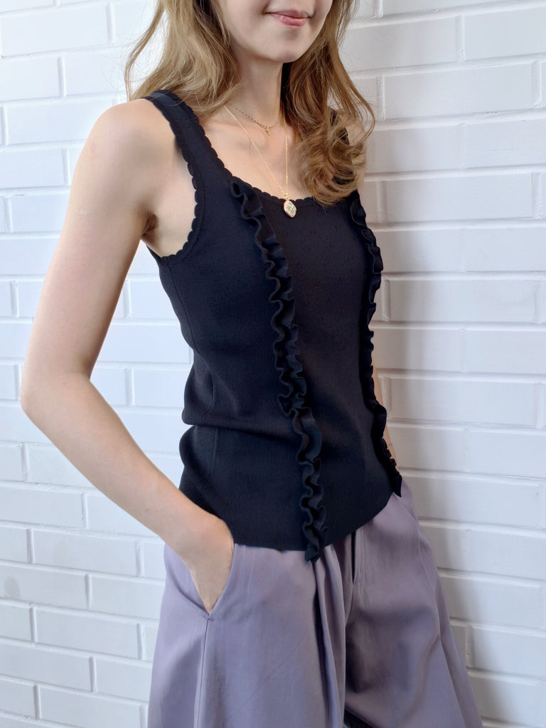 Black Pointelle Ruffle Trim Knitted Camisole Top