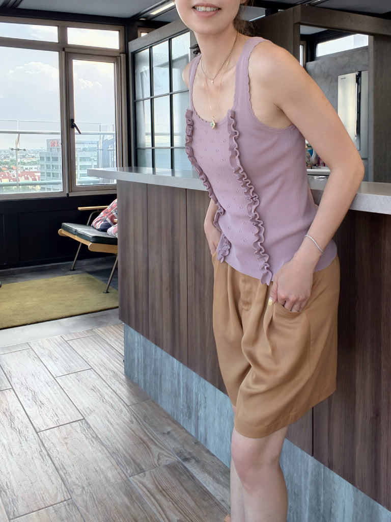 Dusty Pink Pointelle Ruffle Trim Knitted Camisole Top