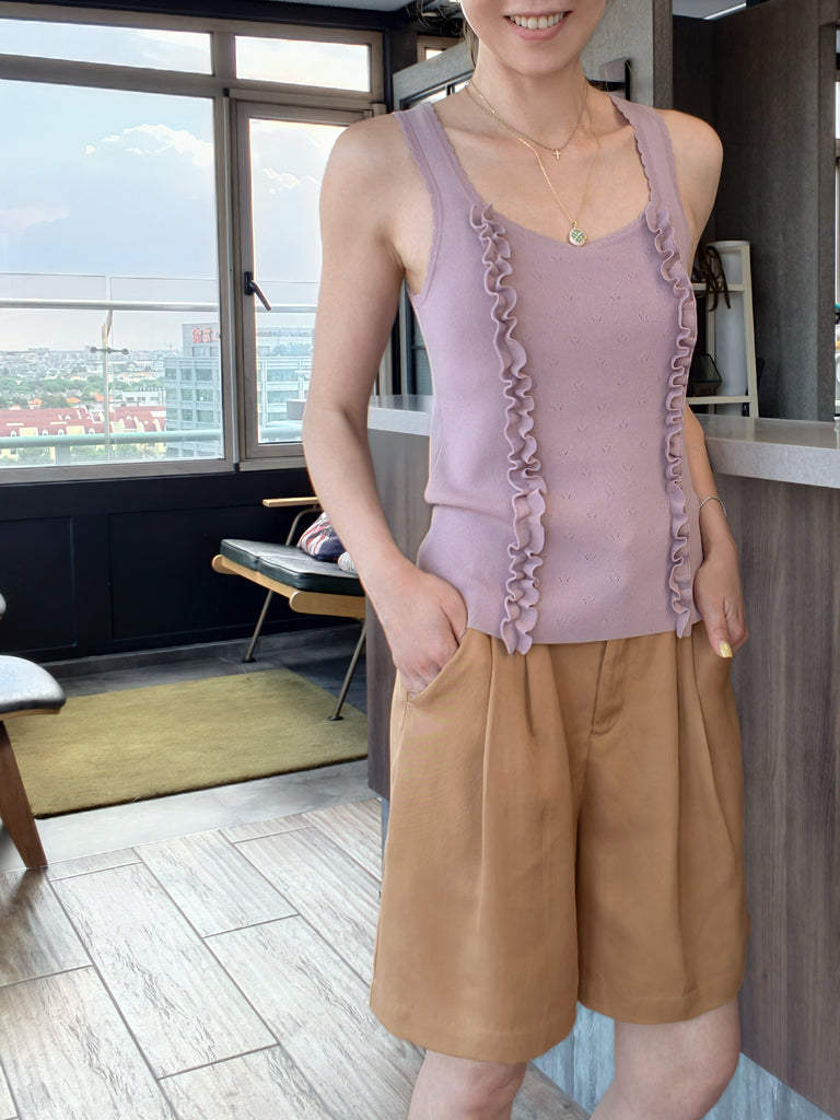 Dusty Pink Pointelle Ruffle Trim Knitted Camisole Top