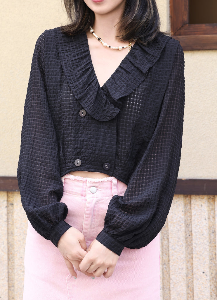 Black Check Ruffle Collar Balloon Sleeve Wrappy Crop Blouse