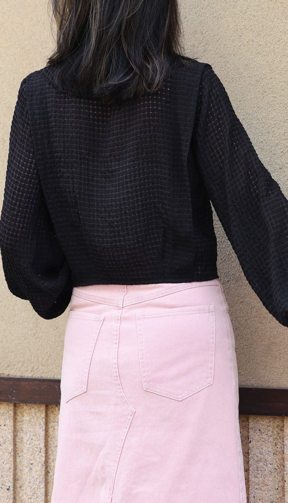 Black Check Ruffle Collar Balloon Sleeve Wrappy Crop Blouse
