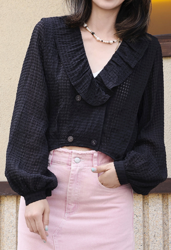 Black Check Ruffle Collar Balloon Sleeve Wrappy Crop Blouse