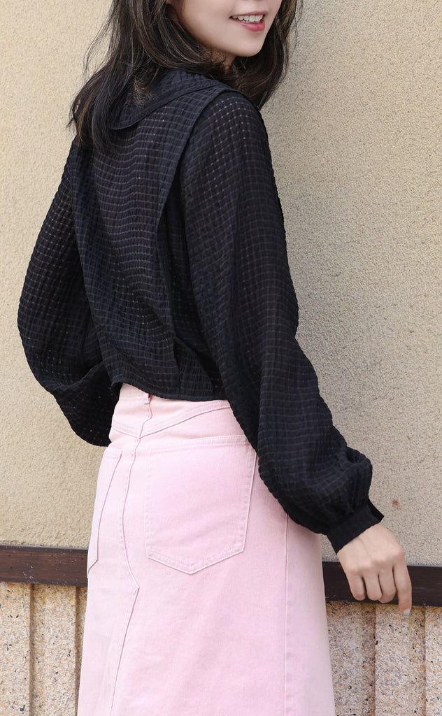 Black Check Ruffle Collar Balloon Sleeve Wrappy Crop Blouse