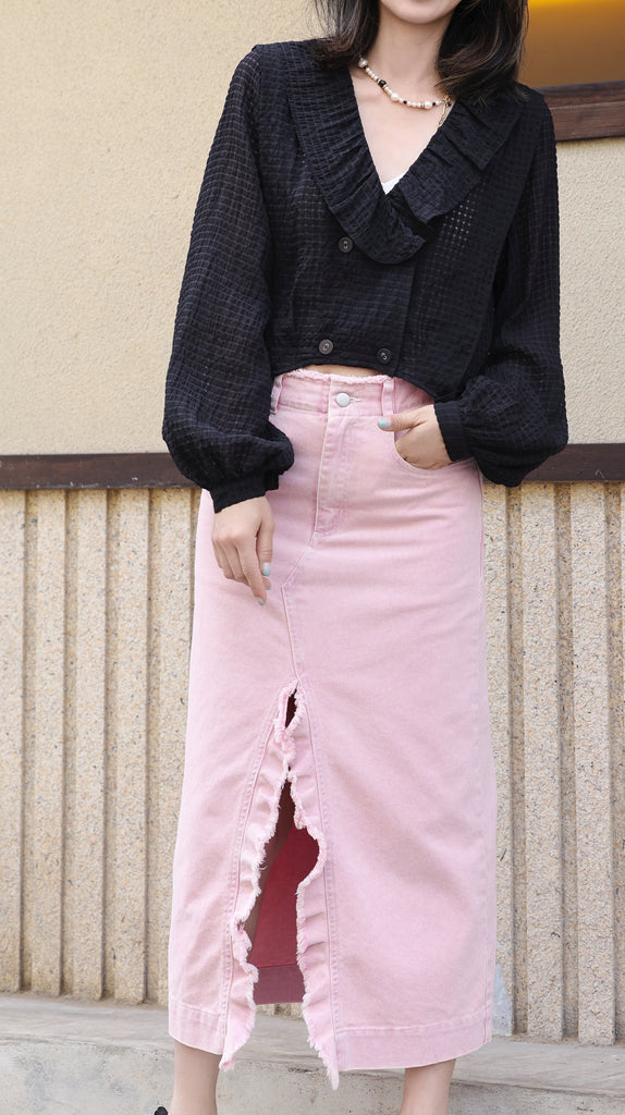 Black Check Ruffle Collar Balloon Sleeve Wrappy Crop Blouse