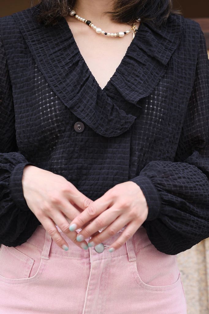 Black Check Ruffle Collar Balloon Sleeve Wrappy Crop Blouse