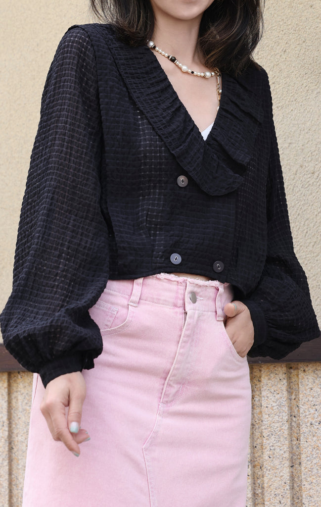 Black Check Ruffle Collar Balloon Sleeve Wrappy Crop Blouse