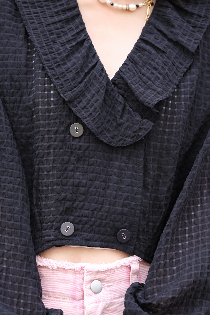 Black Check Ruffle Collar Balloon Sleeve Wrappy Crop Blouse