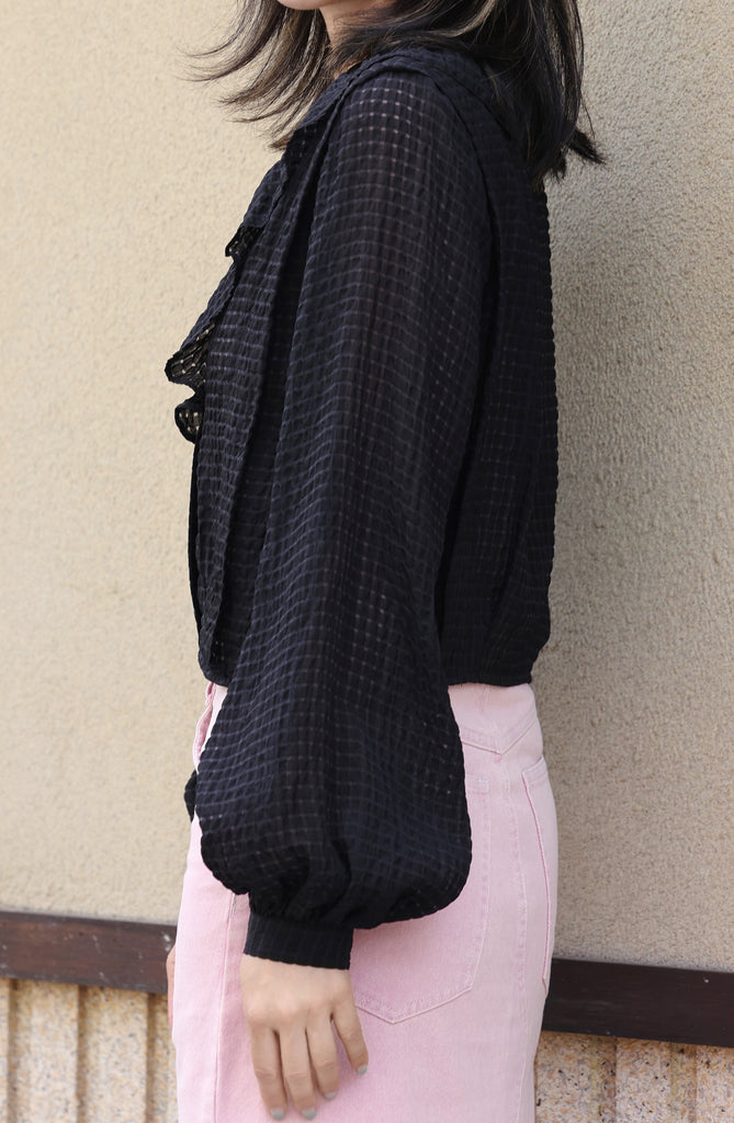 Black Check Ruffle Collar Balloon Sleeve Wrappy Crop Blouse