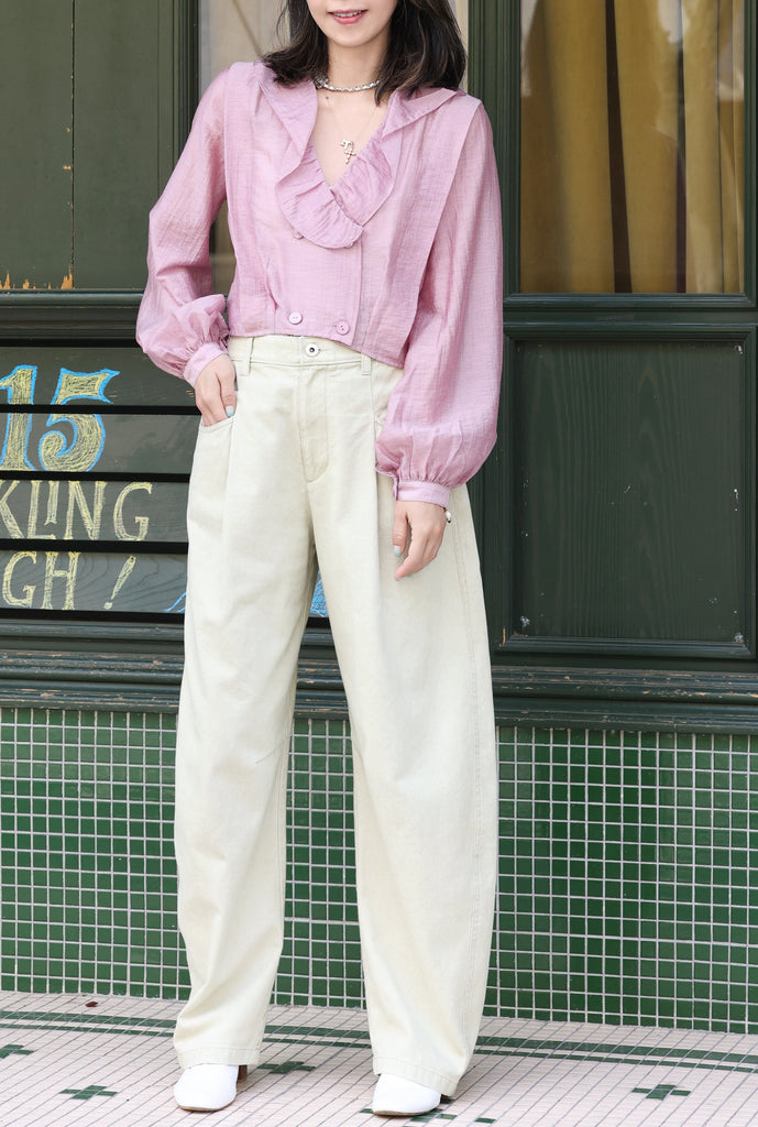 Pink Check Ruffle Collar Balloon Sleeve Wrappy Crop Blouse