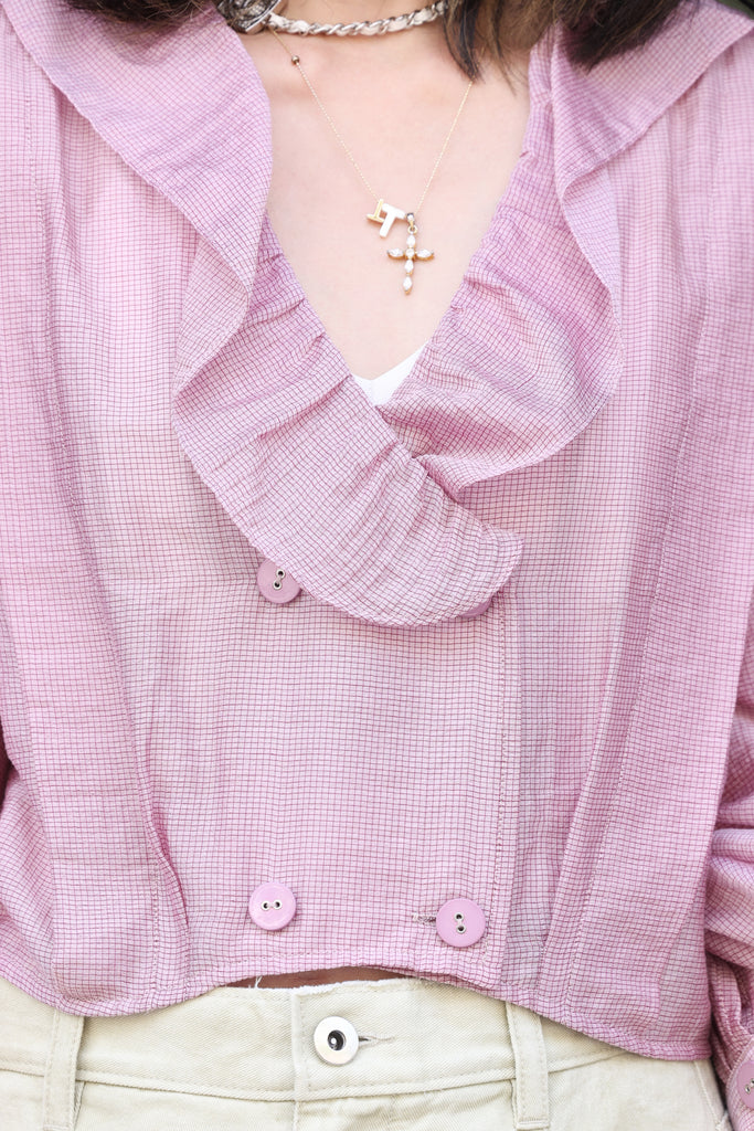 Pink Check Ruffle Collar Balloon Sleeve Wrappy Crop Blouse