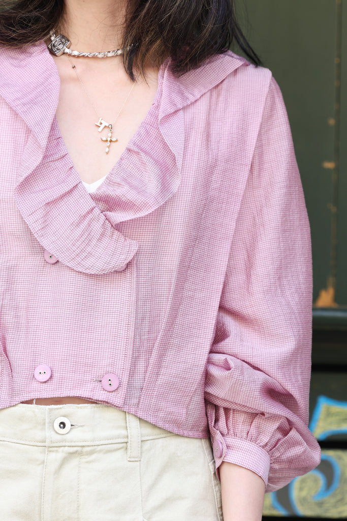 Pink Check Ruffle Collar Balloon Sleeve Wrappy Crop Blouse