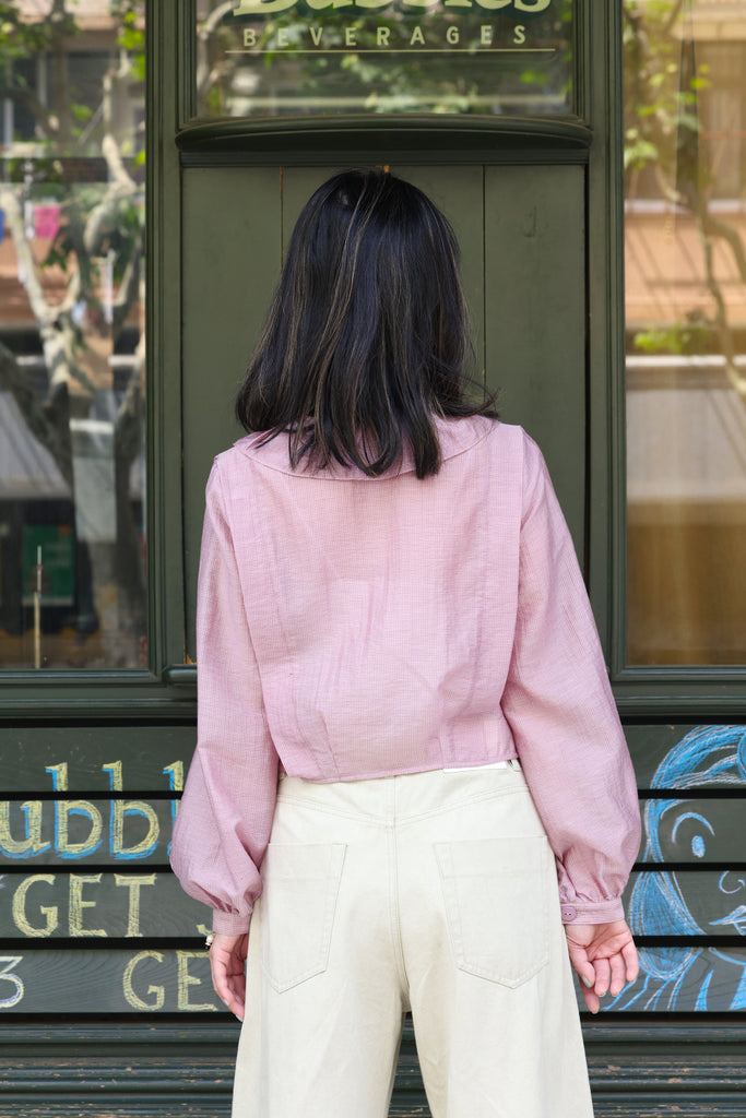 Pink Check Ruffle Collar Balloon Sleeve Wrappy Crop Blouse