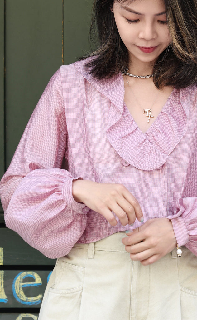 Pink Check Ruffle Collar Balloon Sleeve Wrappy Crop Blouse