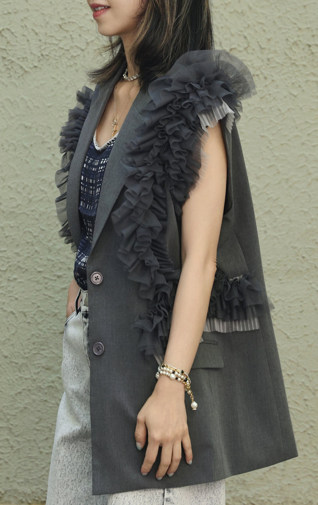 Grey Layered Ruffle Structured Sleeveless Gilet Blazer