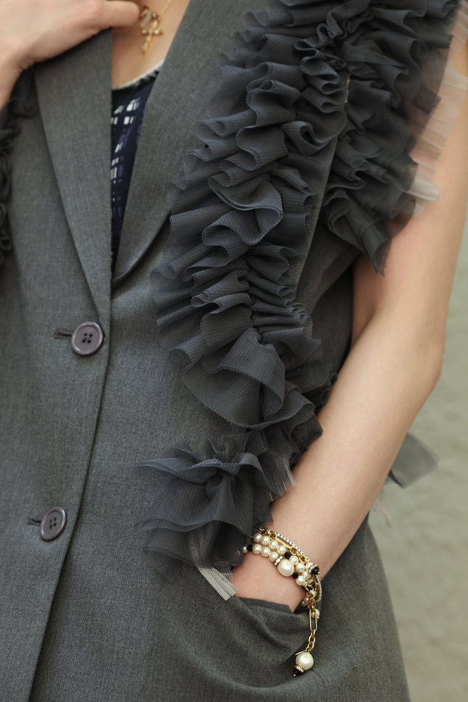 Grey Layered Ruffle Structured Sleeveless Gilet Blazer