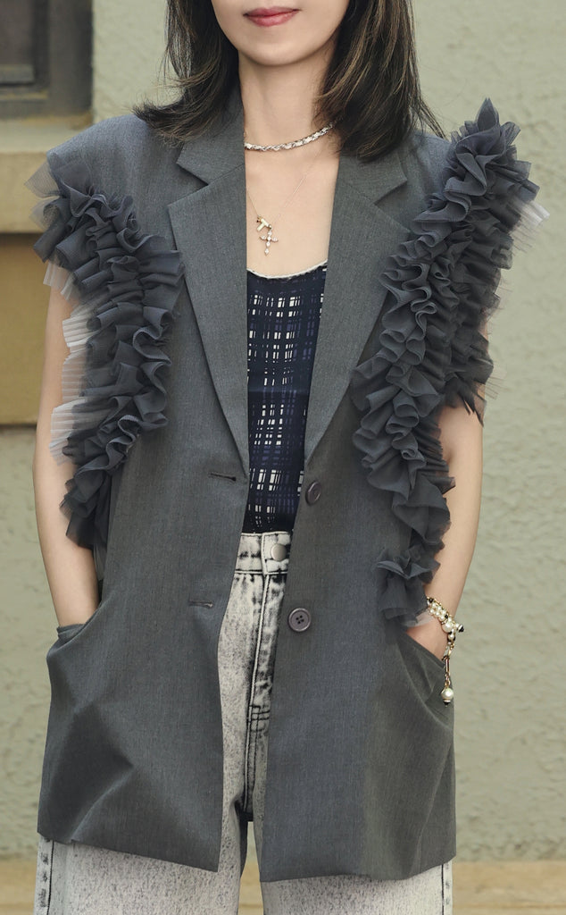Grey Layered Ruffle Structured Sleeveless Gilet Blazer