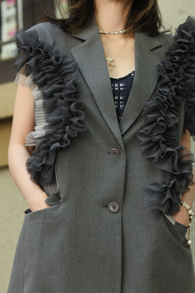 Grey Layered Ruffle Structured Sleeveless Gilet Blazer