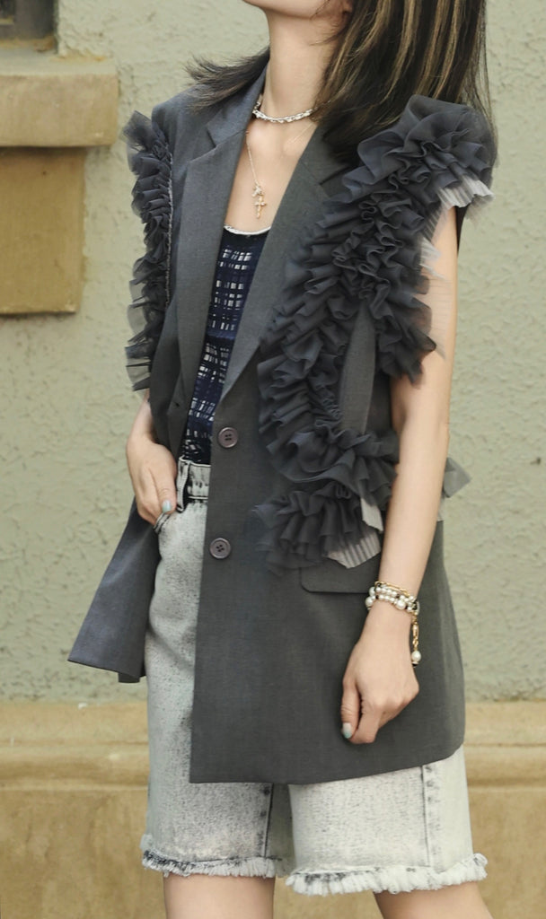 Grey Layered Ruffle Structured Sleeveless Gilet Blazer